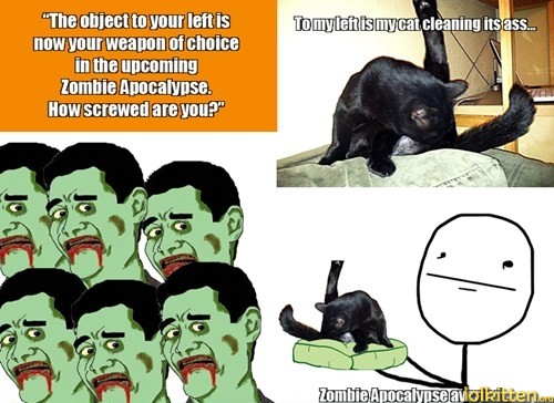 Zombie apocaplyse. Weapon: Ass-licking cat